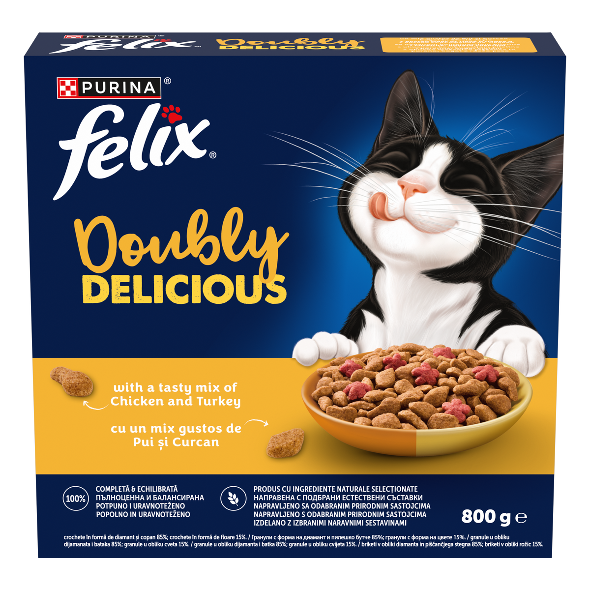 PURINA® FELIX® Doubly Delicious, Adult, cu Pui și Curcan, bogat în Sfeclă roșie, hrană uscată pentru pisici, 800g