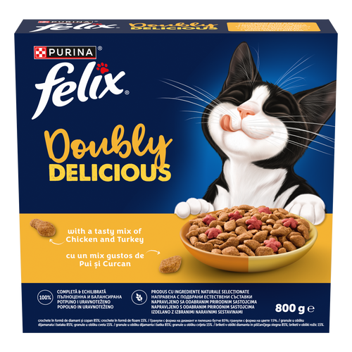 PURINA® FELIX® Doubly Delicious, Adult, cu Pui și Curcan, bogat în Sfeclă roșie, hrană uscată pentru pisici, 800g