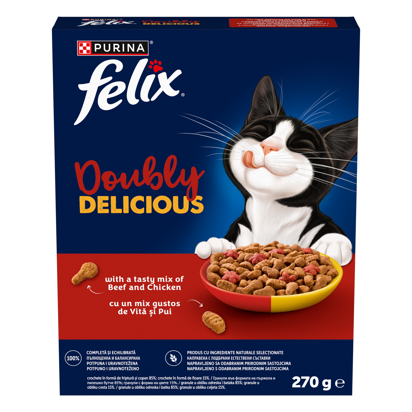 PURINA® FELIX® Doubly Delicious, Adult, cu Vită și Pui, bogat în Sfeclă roșie, hrană uscată pentru pisici, 800g