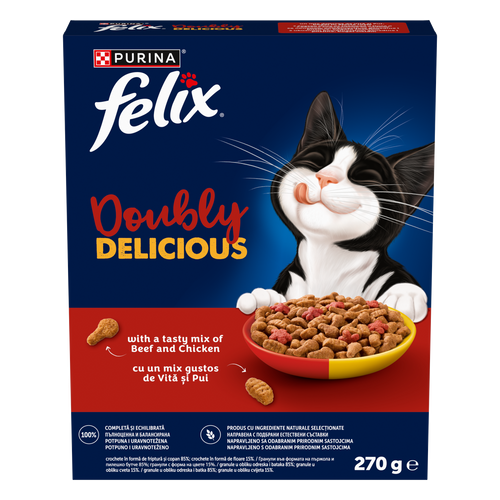 PURINA® FELIX® Doubly Delicious, Adult, cu Vită și Pui, bogat în Sfeclă roșie, hrană uscată pentru pisici, 270g