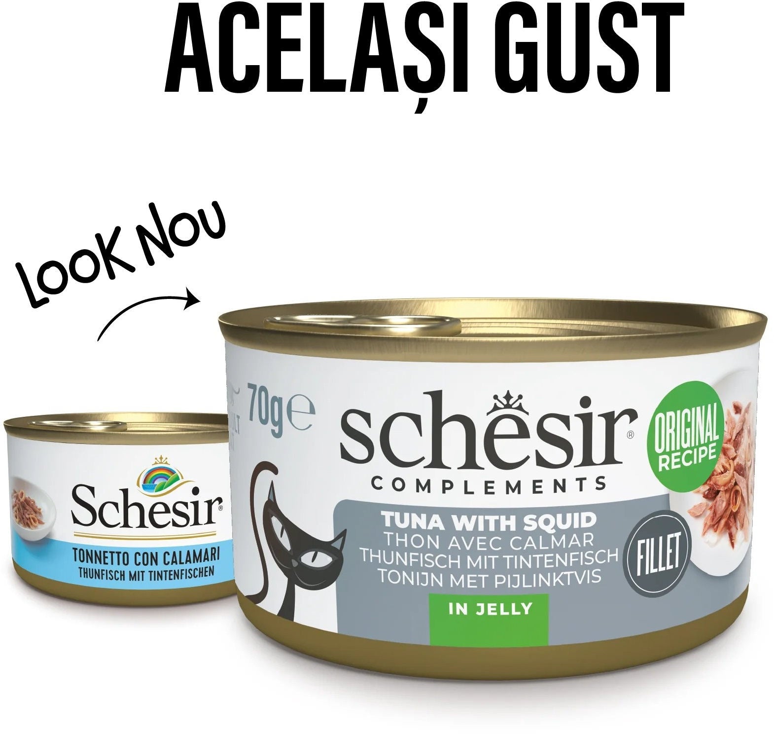 SCHESIR Conserva hrana complementara pentru pisici, cu Ton/Calamar, în jeleu 70g