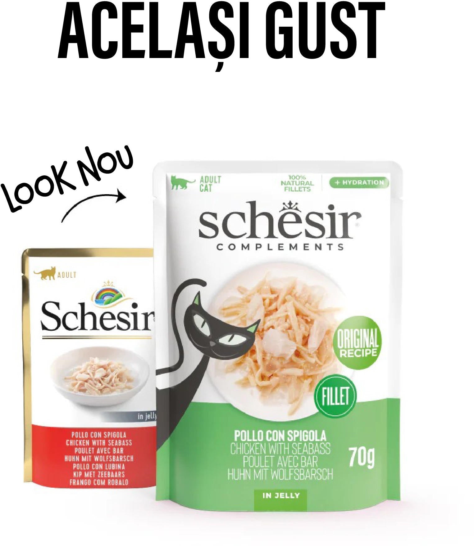SCHESIR Plic hrana umeda pentru pisici, cu Pui si Biban de mare, în jeleu 70g