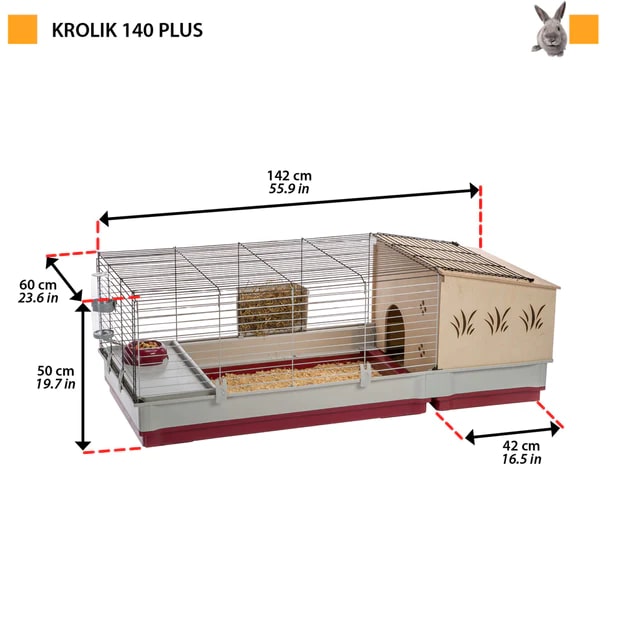 FERPLAST Cuşcă pt iepuri KROLIK 140, cu casă din lemn detaşabilă, 142x60x50 cm