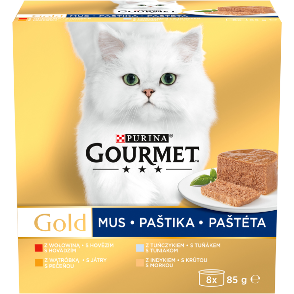 PURINAÂ® GOURMETÂ® GOLD, cu Vita, Ton, Ficat, Curcan, pate, hrana umeda pentru pisici, 8x85 g