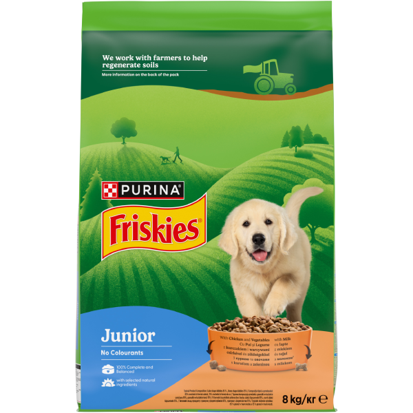 FRISKIES Hrana uscata pentru caini JUNIOR, cu Pui, Legume si Morcovi