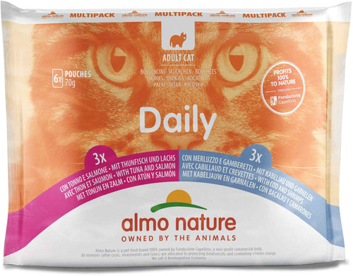 ALMO NATURE DAILY Pachet plicuri pisici cu ton si somon, cu cod si creveti 6x70g