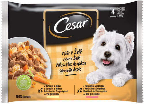 CESAR Pachet plicuri pentru caini Selectii in Aspic, Pui si Vita 4x100g