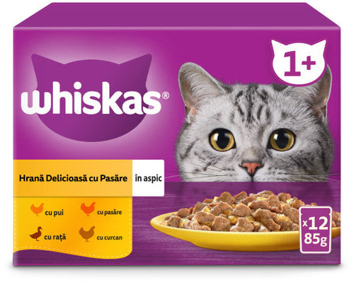 WHISKAS Mix plicuri pisici Adulte, cu Pui/Rata/Pasare/Curcan in aspic 12x85g