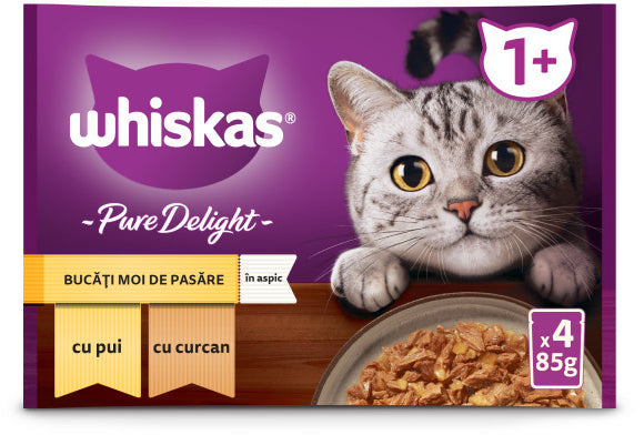 WHISKAS Pure Delight Mix plicuri pisici Adulte, cu Pui/Curcan in aspic 4x85g