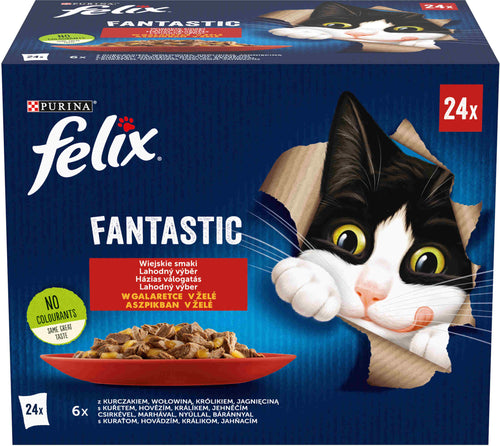 FELIX Fantastic Pachet Mix plicuri pt pisici, cu Pui, Vita, Iepure, Miel, 24x85g