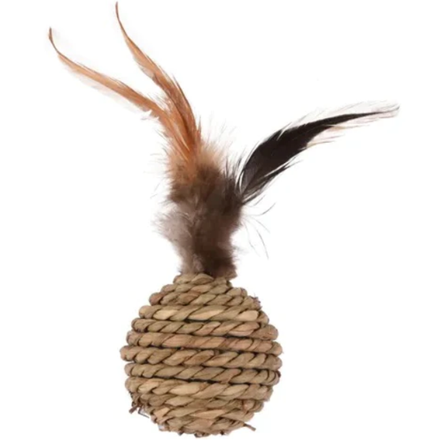 Jucarie pentru pisici Minge din sfoara cu pene si sunet 16cm - Animax