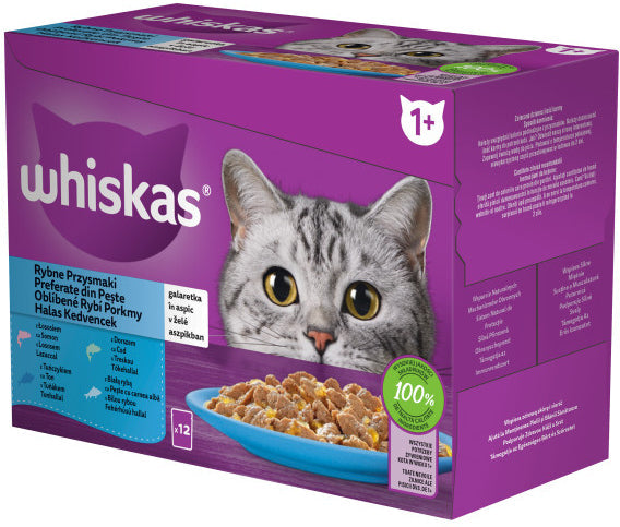 WHISKAS Mix plicuri pisici Adulte, cu Somon/Ton/Cod/Peste Alb in aspic 12x85g