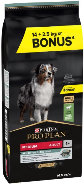 PRO PLAN Hrana uscata SENSITIVE DIGESTION caini Adult Medium, cu Miel 14kg+2,5kg