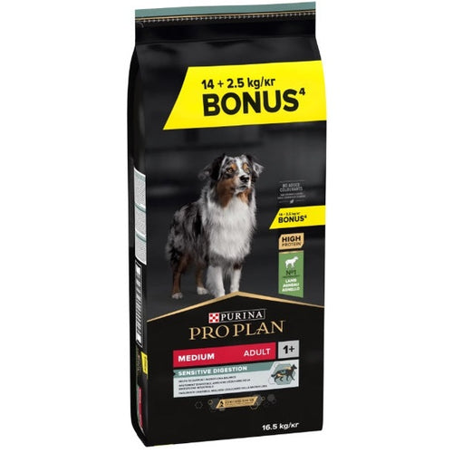 PRO PLAN® SENSITIVE DIGESTION Adult, bogat în miel, talie medie, hrană uscată pentru câini, 14+2.5 kg