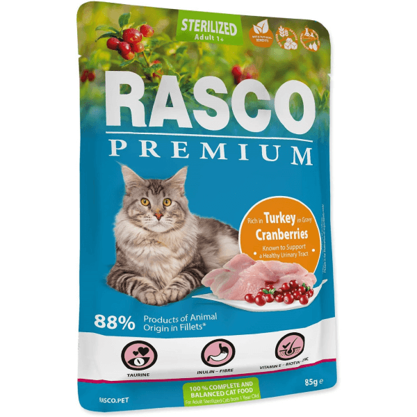 Hrana umeda pentru pisici Rasco Premium Sterilized Curcan&Merisoare 85g - Animax