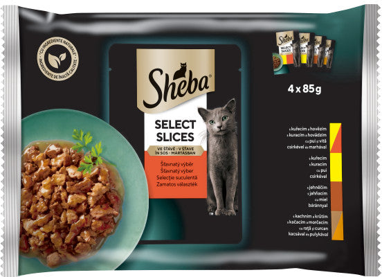 SHEBA Cuisine Pachet plicuri pentru pisici, cu Vita, Miel, Pui si Curcan 4x85g