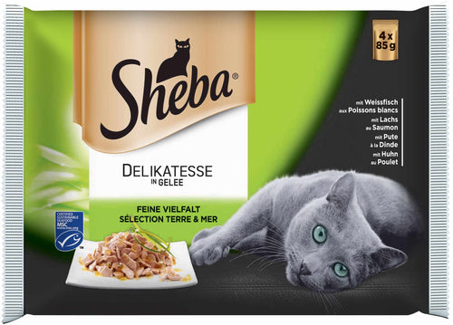 SHEBA Delikatesse plicuri pt pisici, Peste alb,Somon,Curcan, Pui, in aspic 4x85g