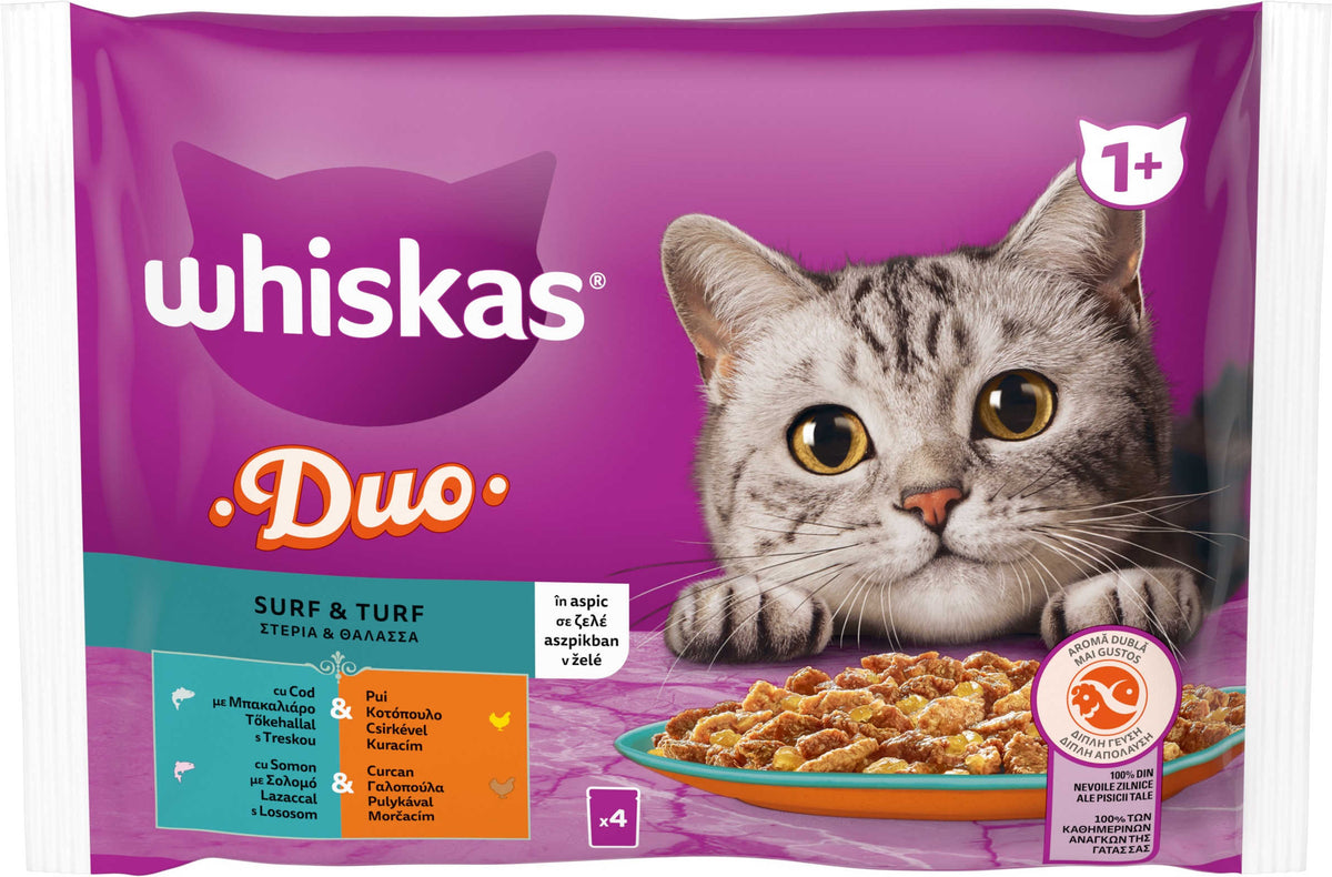 WHISKAS Mix plicuri pisici Adulte, Cod si Pui, Somon si Curcan 4x85g