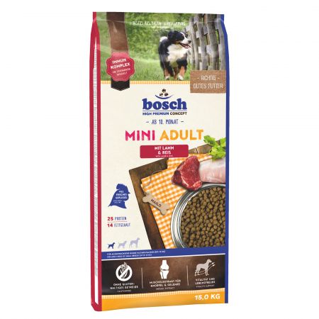 Hrana uscata pentru caini Bosch Mini Adult cu miel si orez 15 kg - Animax