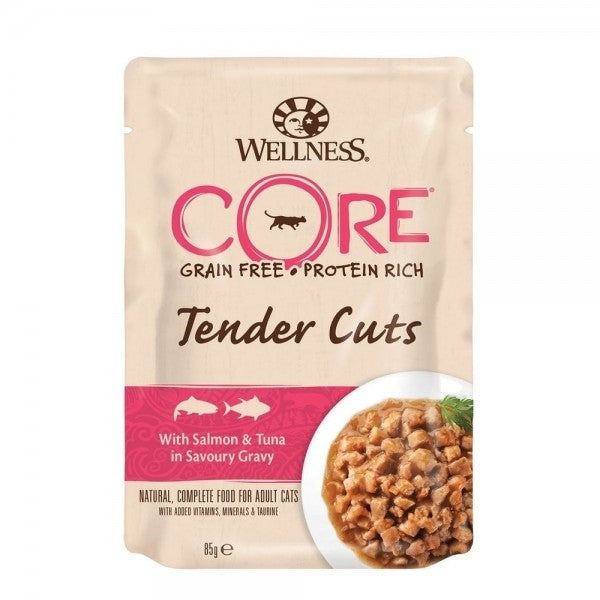 Hrana umeda pentru pisici Wellness Core Tender Cuts cu somon si ton in sos 85 g - Animax