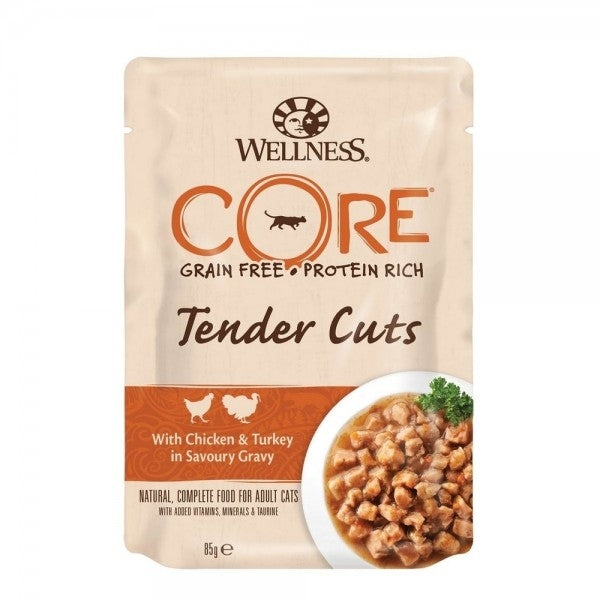 Hrana umeda pentru pisici Wellness Core Tender Cuts cu pui si curcan in sos 85 g - Animax