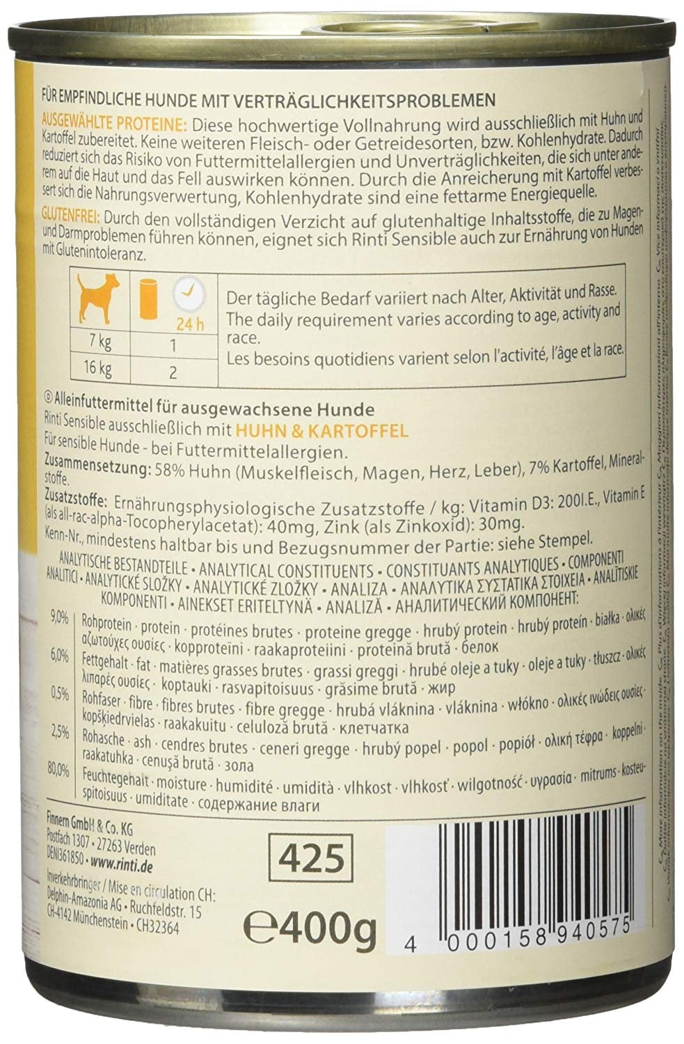 Hrana umeda pentru caini Rinti Sensible Pui si cartof 400 g - Animax