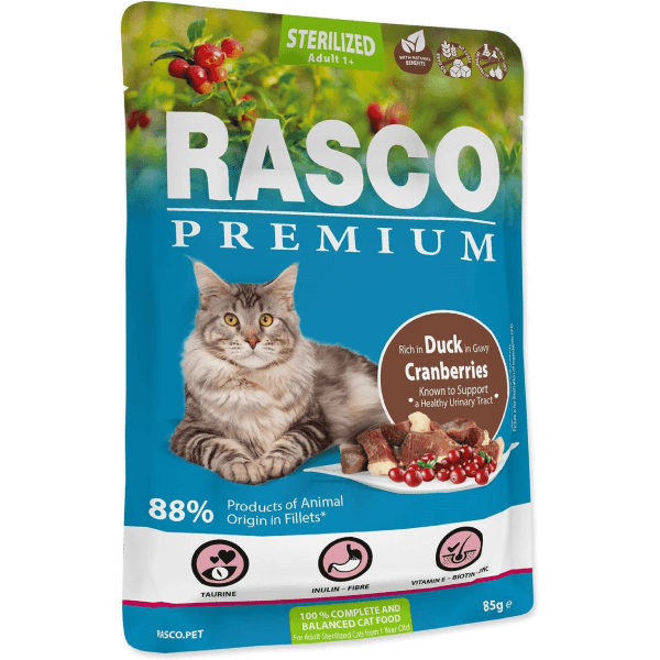 Hrana umeda pentru pisici Rasco Sterilizat Rata&Merisoare 85g - Animax