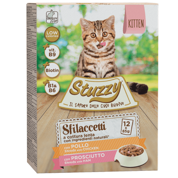 Hrana umeda pentru pisici Stuzzy Kitten Pack Bucati de pui&sunca in sos 12x85g - Animax
