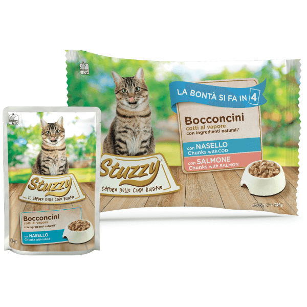 Hrana umeda pentru pisici Stuzzy Pack Bucati de cod&somon in gelatina 4x85g - Animax