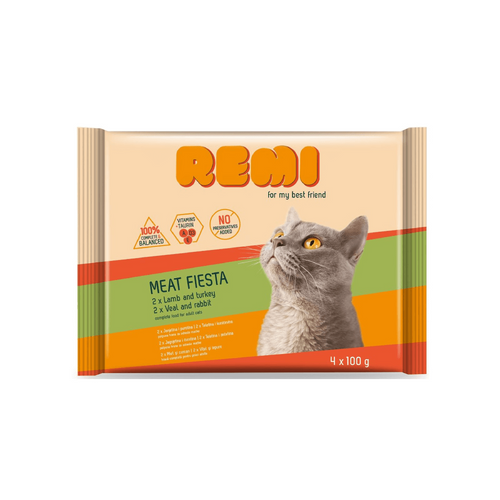Hrana umeda pentru pisici adulte Remi Miel-Curcan si Vitel-Iepure 4x100g - Animax