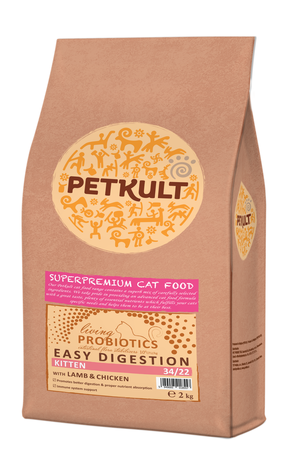 Hrana uscata pentru pisici Petkult Probiotics Kitten cu miel si pui 2 kg - Animax