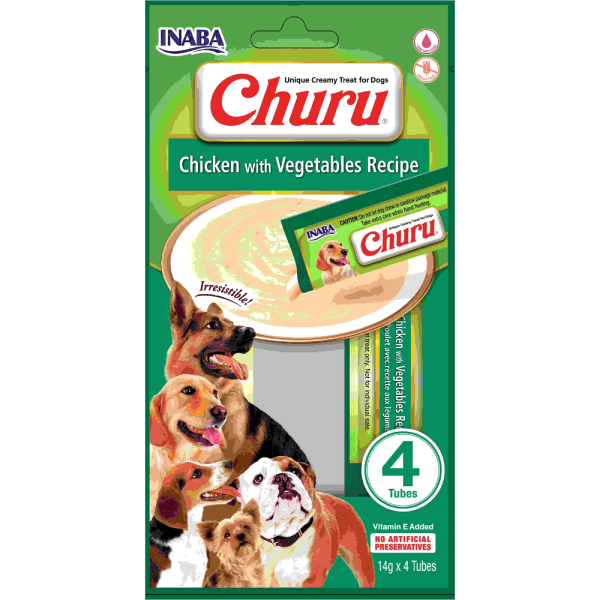 Recompense pentru caini Churu Dog Piure Pui cu legume 4x14g - Animax