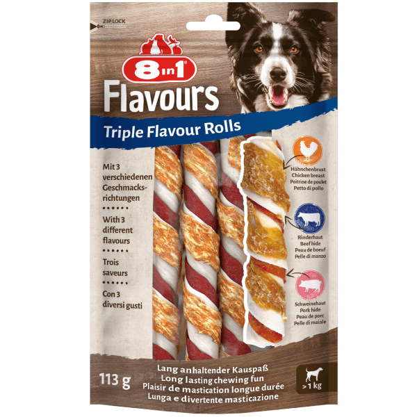 Recompense pentru caini 8in1 Triple Flavour Rolls 113g - Animax