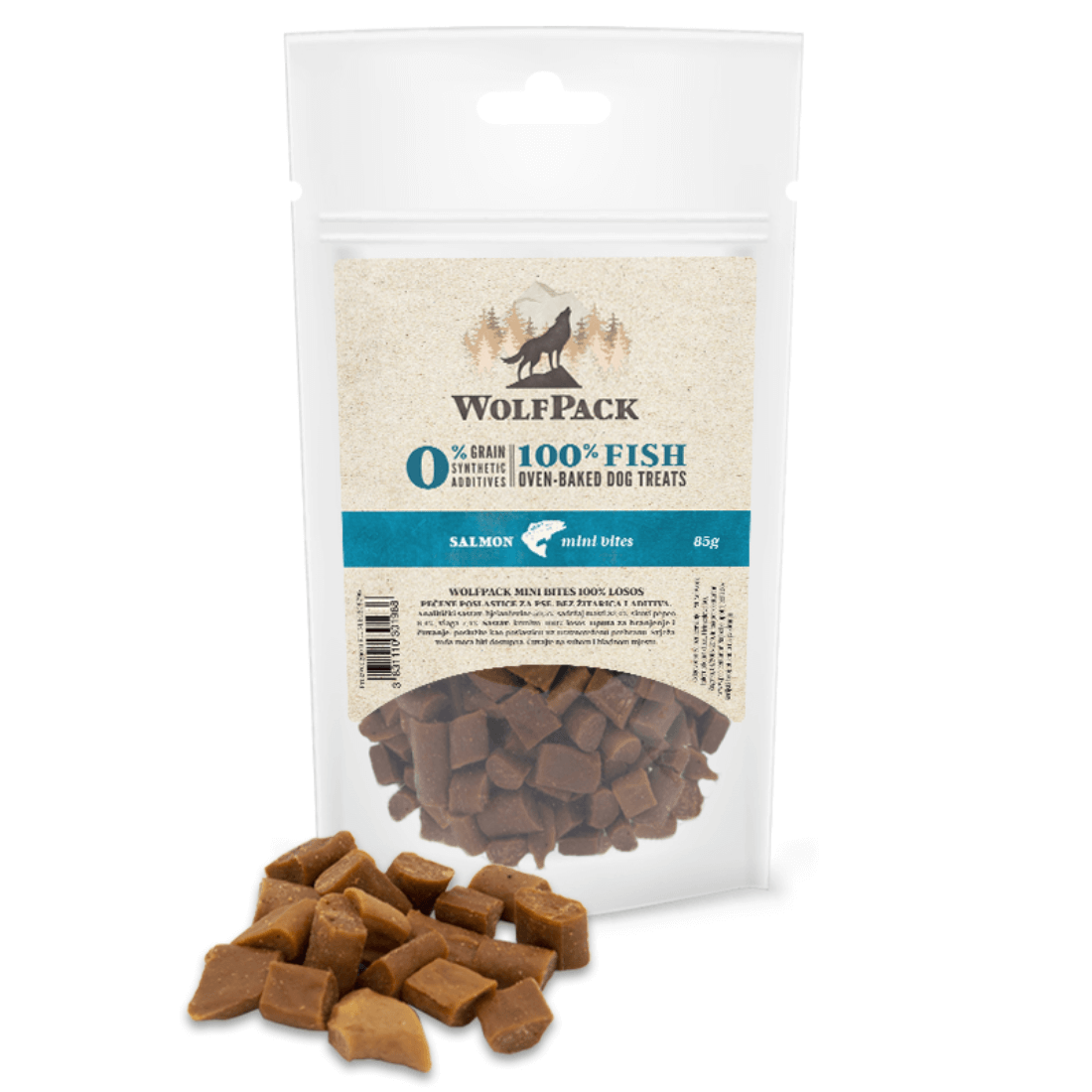 Recompense pentru caini Wolfpack Treats Mini Bites Somon 85g - Animax